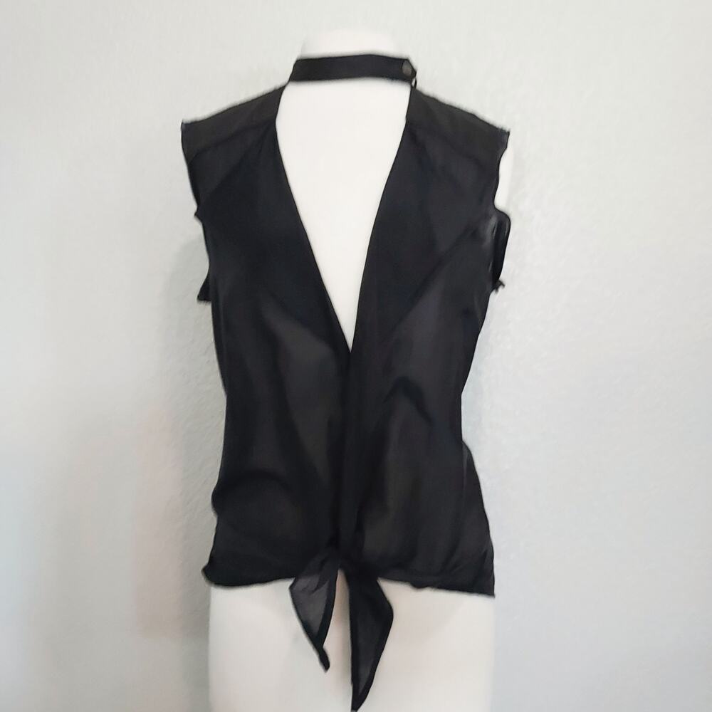 Kill City Black Sexy Goth Deep V-Neck Sleeveless Blouse w/Collar Neck Size L